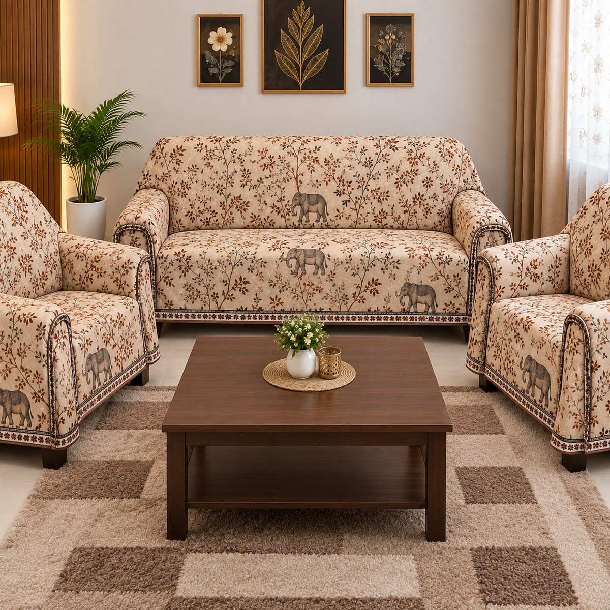 Premium Floral Elephant Print 3+1+1 Seater Sofa Cover Set – Beige & Brown