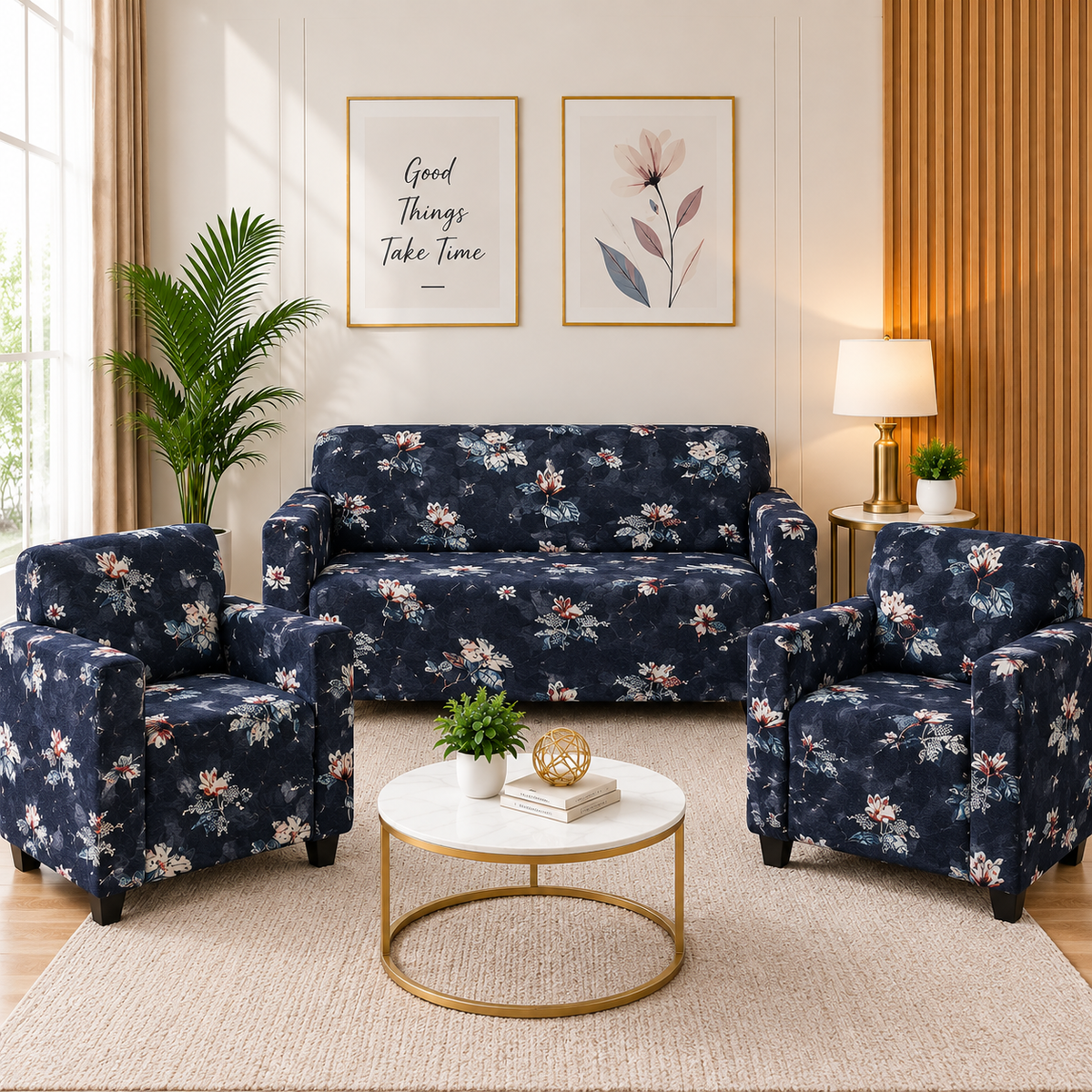 Printed Stretchable Elastic Sofa Cover Set 3 Seater & 1 Seater | Navy Blue Floral Design