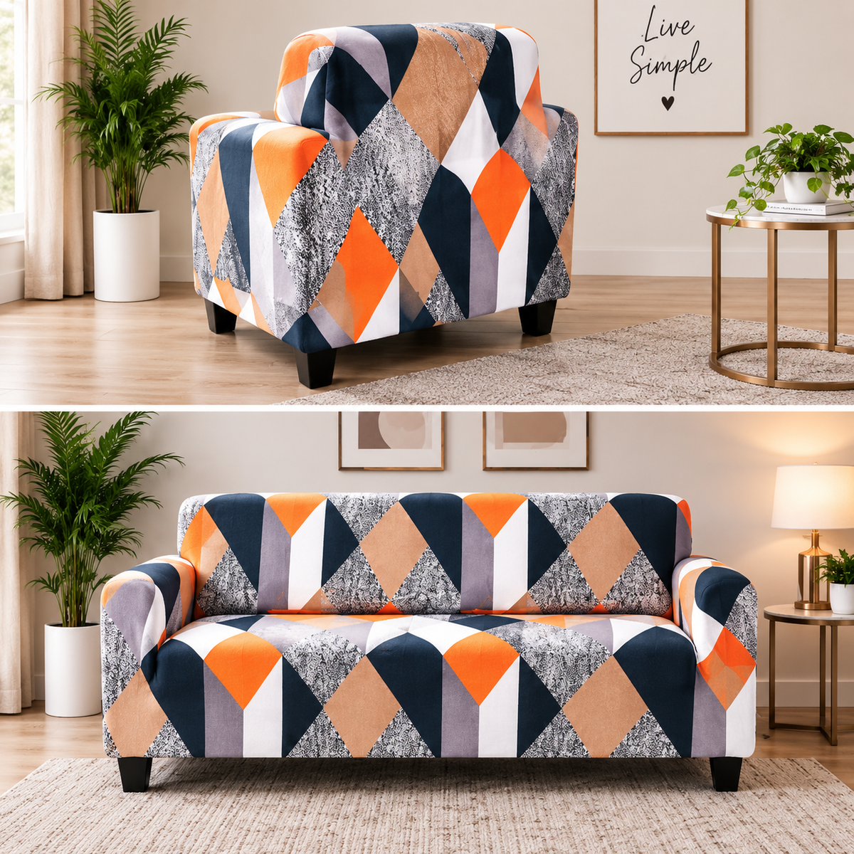 Printed Stretchable Elastic Sofa Cover Set 3 Seater & 1 Seater | Geometric Design