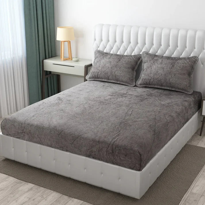 Winter Solid Elastic Fitted King Bedsheet with 2 Pillow Covers