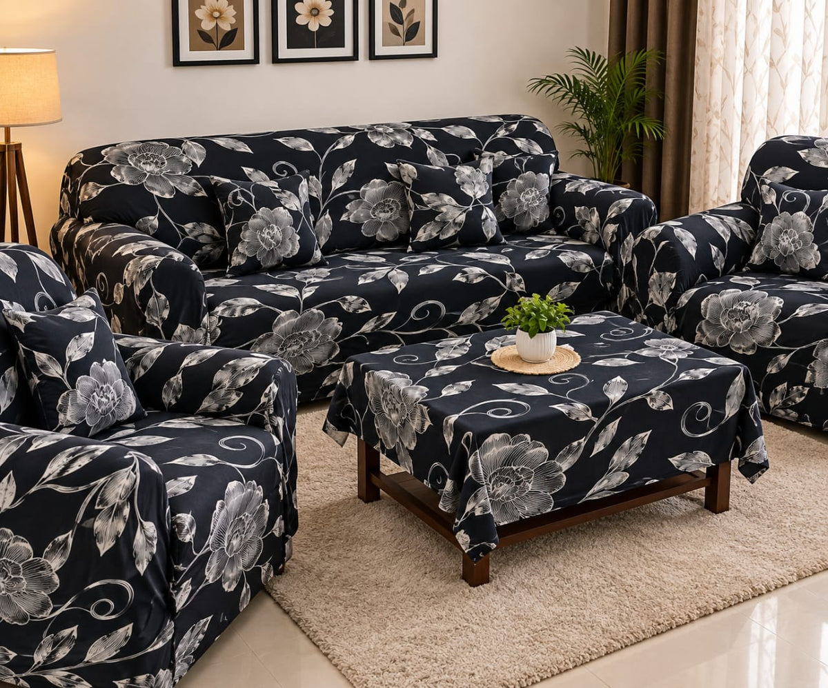 Luxury Floral 3+1+1 Seater Sofa Cover Set – Black & White Printed Sofa Covers