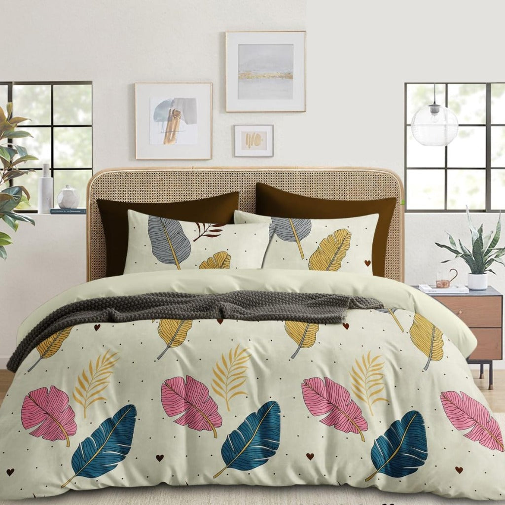 White Leaf – 210 TC Cotton Blend Bedsheet | King Size (BUY 1 GET 1 FREE)