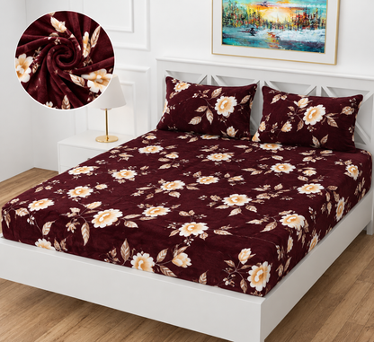 Premium Winter Fitted Bedsheet | Floral Printed Elastic Fitted Bedsheet with 2 Pillow Covers