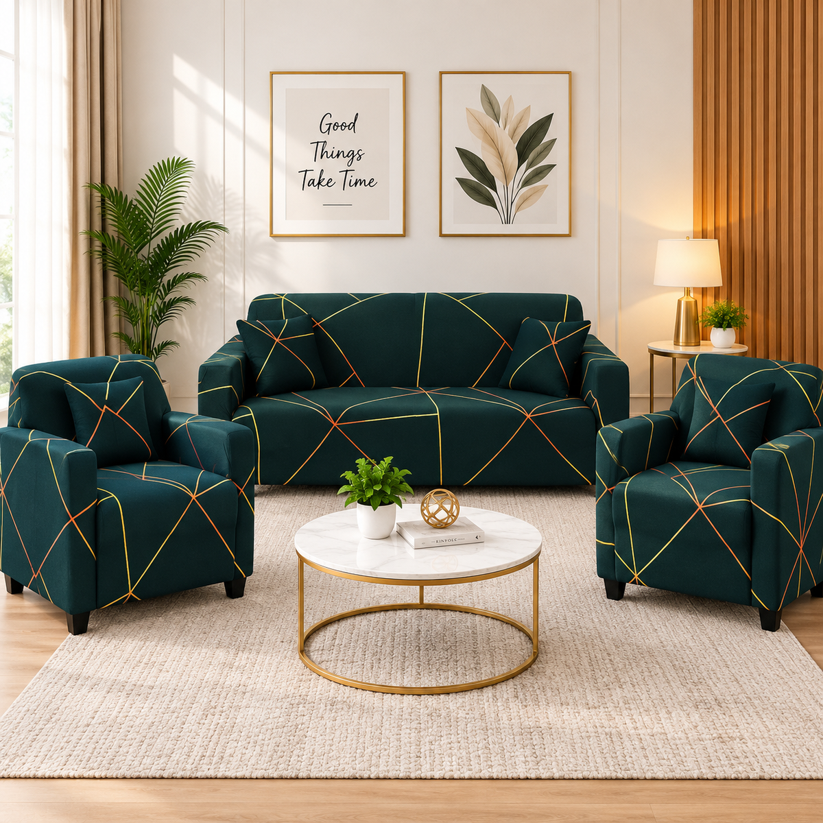 Premium Geometric Pattern Sofa Cover Set for 3+1+1 Seater | Stretchable & Washable Sofa Covers