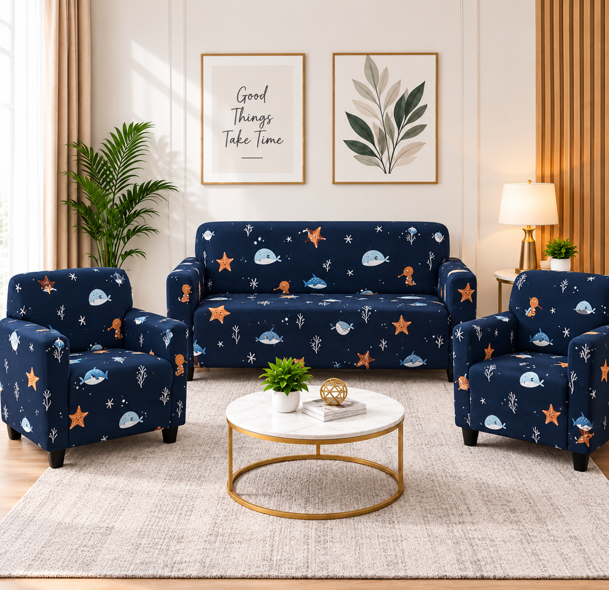 Premium Ocean Print Sofa Cover Set for 3+1+1 Seater | Stretchable & Washable Sofa Covers