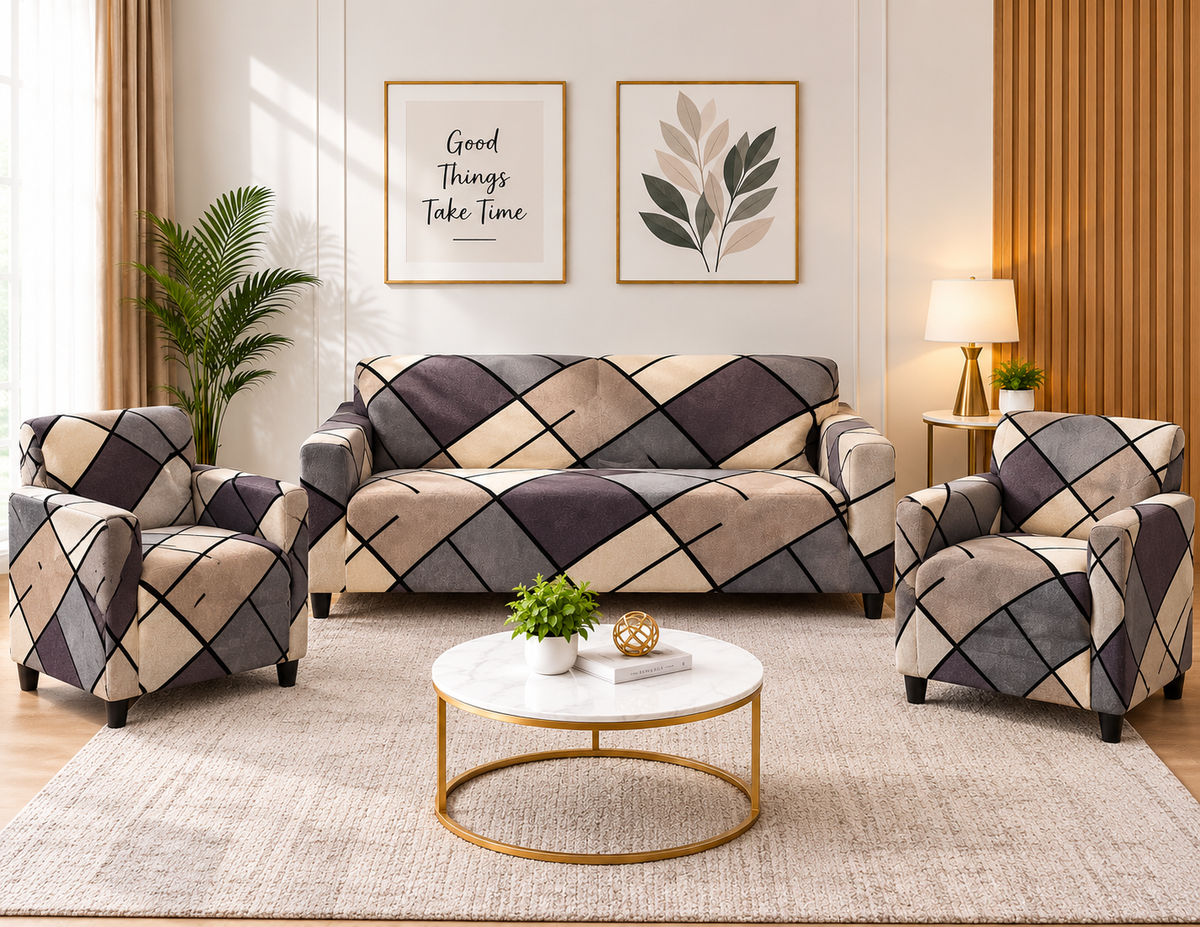 Premium Geometric Printed Sofa Cover Set for 3+1+1 Seater | Stretchable & Washable Sofa Covers