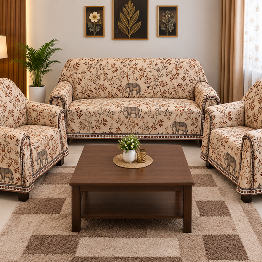 Premium Floral Elephant Print 3+1+1 Seater Sofa Cover Set – Beige & Brown