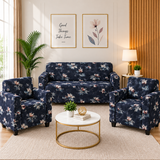 Printed Stretchable Elastic Sofa Cover Set 3 Seater & 1 Seater | Navy Blue Floral Design