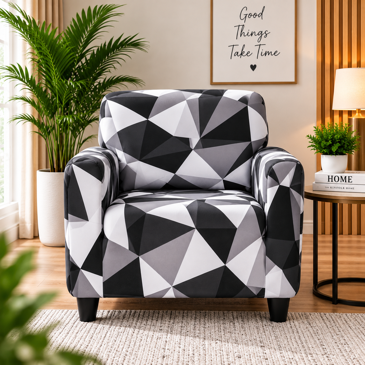 Printed Stretchable Elastic Sofa Cover Set 3 Seater & 1 Seater | Black White Geometric Design