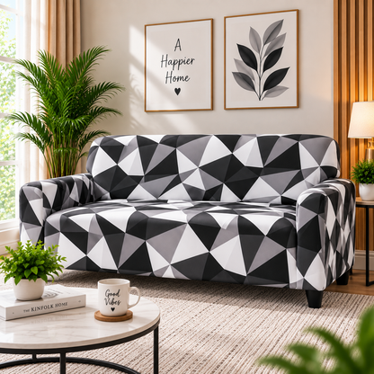 Printed Stretchable Elastic Sofa Cover Set 3 Seater & 1 Seater | Black White Geometric Design
