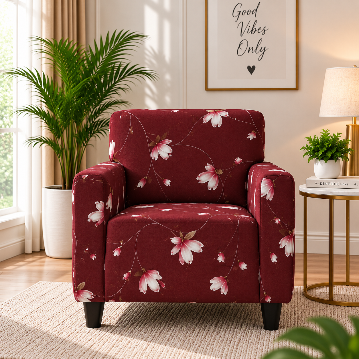 Printed Stretchable Elastic Sofa Cover Set 3 Seater & 1 Seater | Burgundy Floral Design