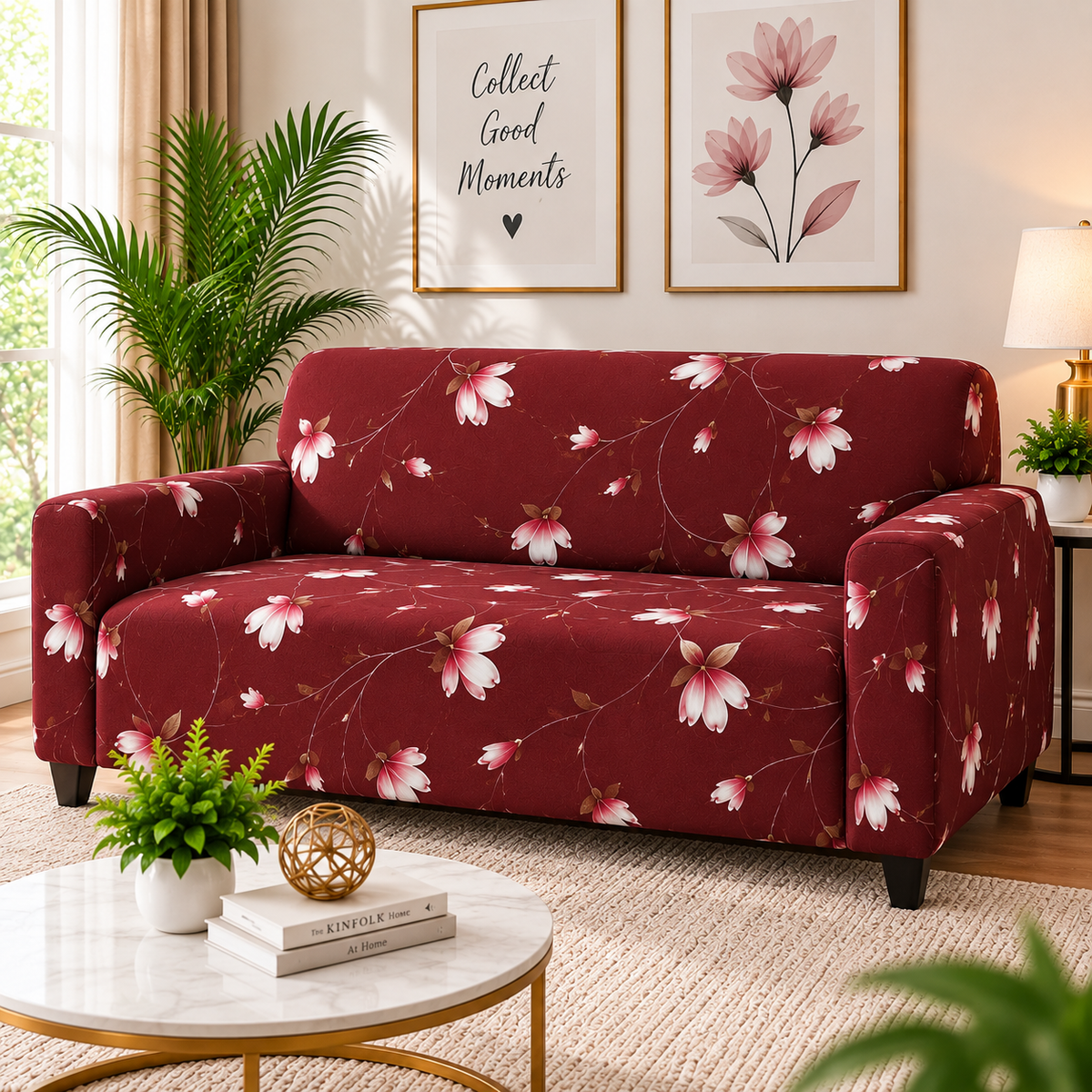 Printed Stretchable Elastic Sofa Cover Set 3 Seater & 1 Seater | Burgundy Floral Design