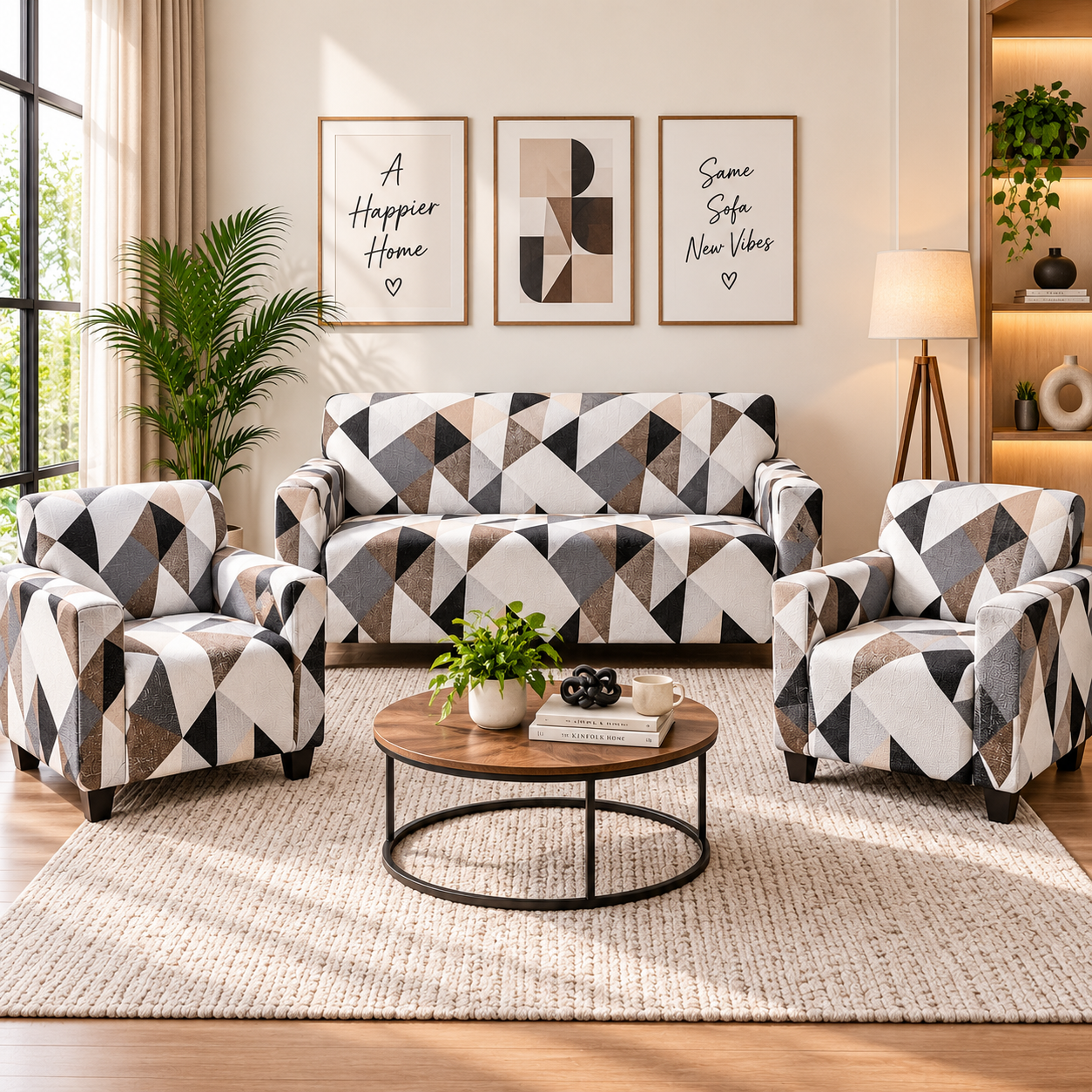 Printed Stretchable Elastic Sofa Cover Set 3 Seater & 1 Seater | Cream Geometric Design