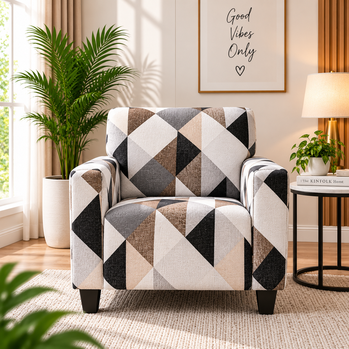 Printed Stretchable Elastic Sofa Cover Set 3 Seater & 1 Seater | Cream Geometric Design