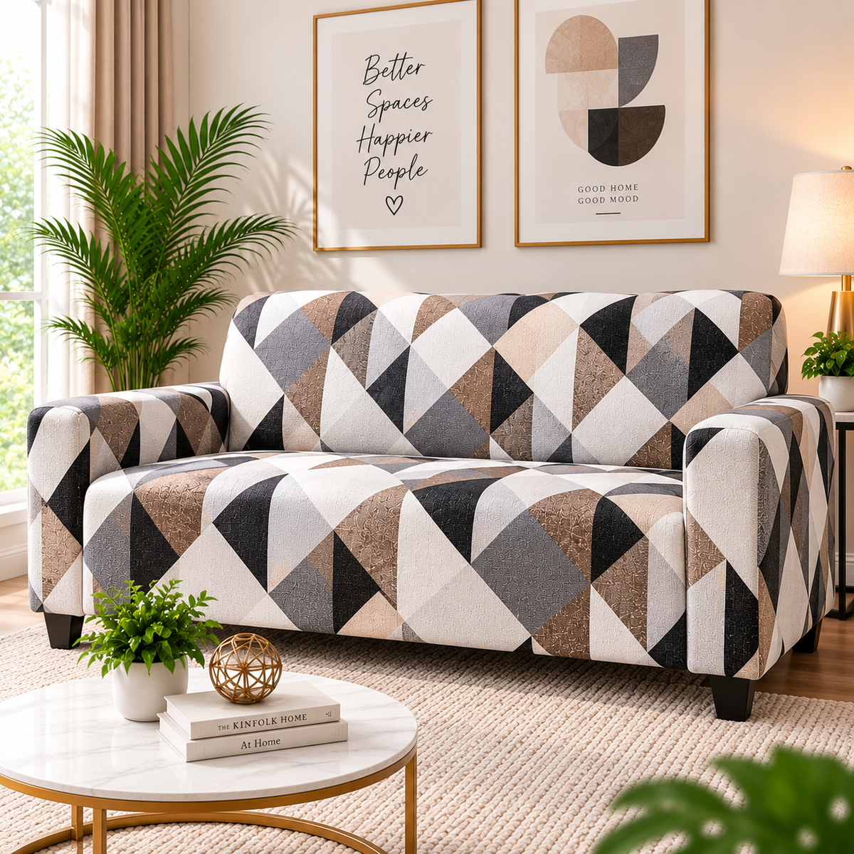Printed Stretchable Elastic Sofa Cover Set 3 Seater & 1 Seater | Cream Geometric Design