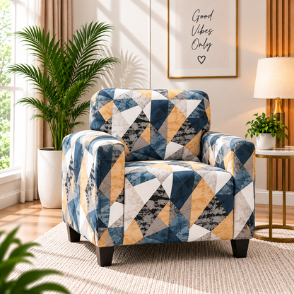Printed Stretchable Elastic Sofa Cover Set 3 Seater & 1 Seater | Blue Geometric Design