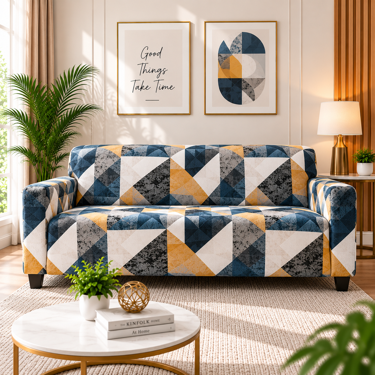 Printed Stretchable Elastic Sofa Cover Set 3 Seater & 1 Seater | Blue Geometric Design