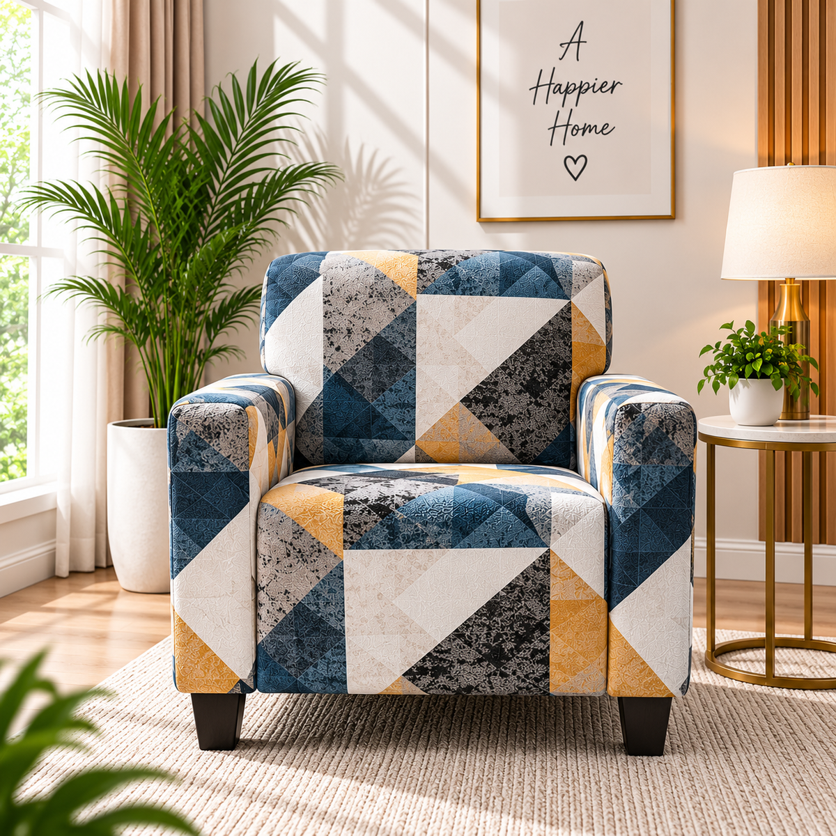 Printed Stretchable Elastic Sofa Cover Set 3 Seater & 1 Seater | Blue Geometric Design