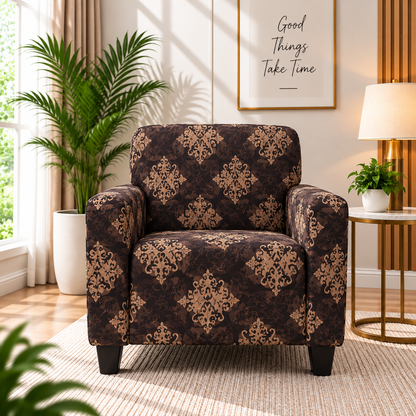 Printed Stretchable Elastic Sofa Cover Set 3 Seater & 1 Seater | Brown Damask Design