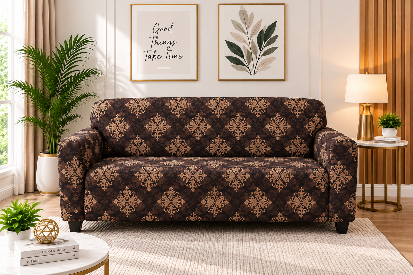 Printed Stretchable Elastic Sofa Cover Set 3 Seater & 1 Seater | Brown Damask Design