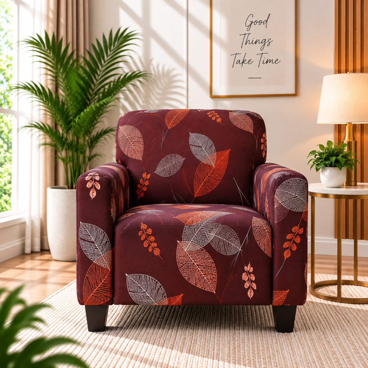 Printed Stretchable Elastic Sofa Cover Set 3 Seater & 1 Seater | Burgundy Leaf Design