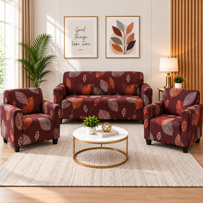 Printed Stretchable Elastic Sofa Cover Set 3 Seater & 1 Seater | Burgundy Leaf Design