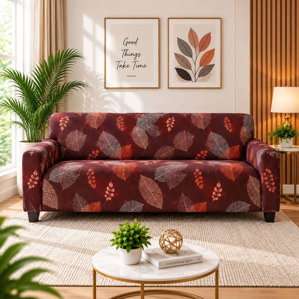 Printed Stretchable Elastic Sofa Cover Set 3 Seater & 1 Seater | Burgundy Leaf Design