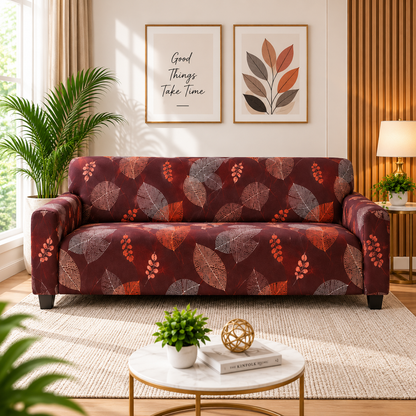 Printed Stretchable Elastic Sofa Cover Set 3 Seater & 1 Seater | Burgundy Leaf Design