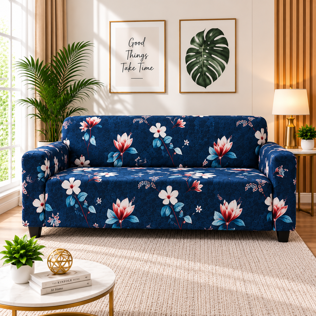 Printed Stretchable Elastic Sofa Cover Set 3 Seater & 1 Seater | Navy Blue Floral Design