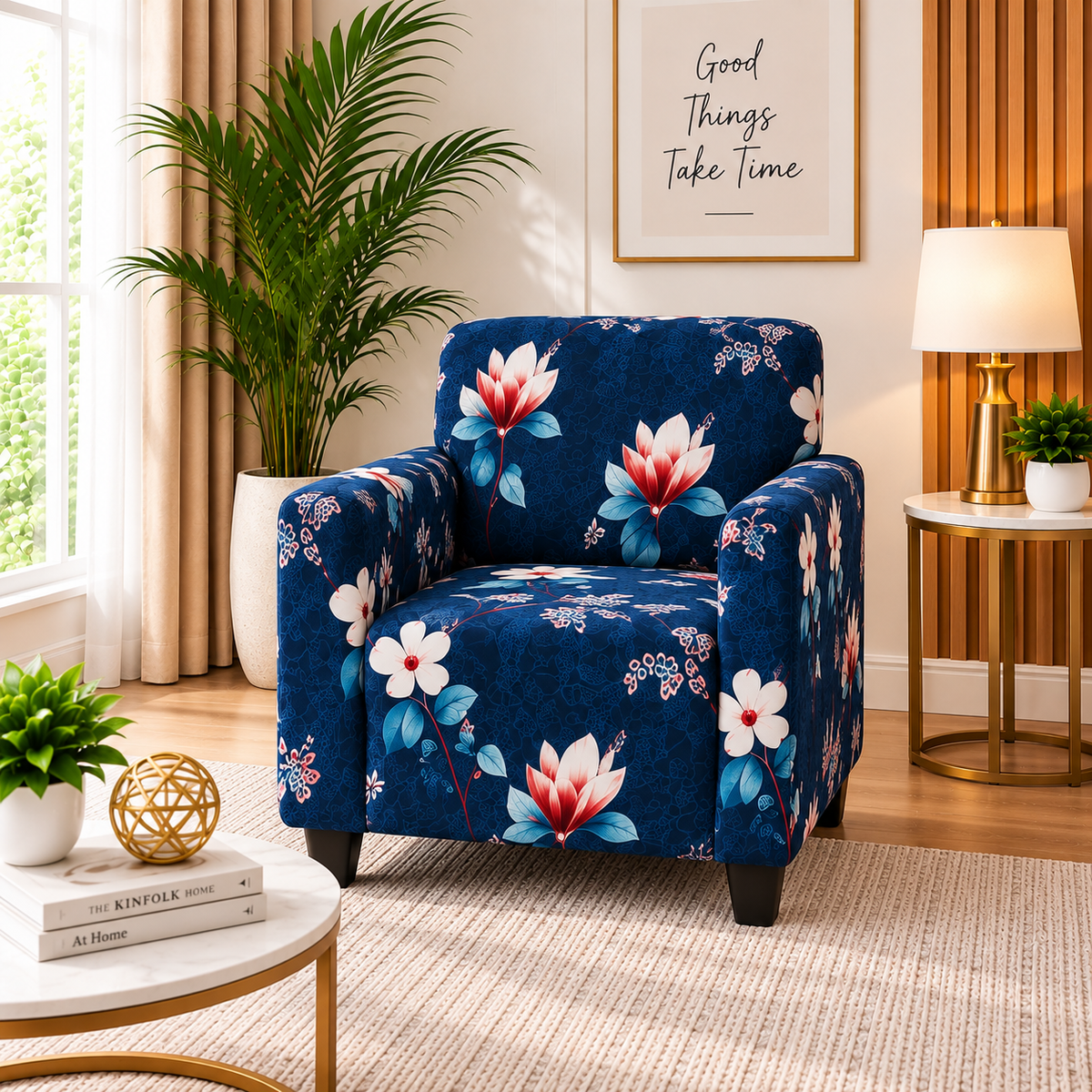Printed Stretchable Elastic Sofa Cover Set 3 Seater & 1 Seater | Navy Blue Floral Design
