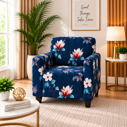 Printed Stretchable Elastic Sofa Cover Set 3 Seater & 1 Seater | Navy Blue Floral Design