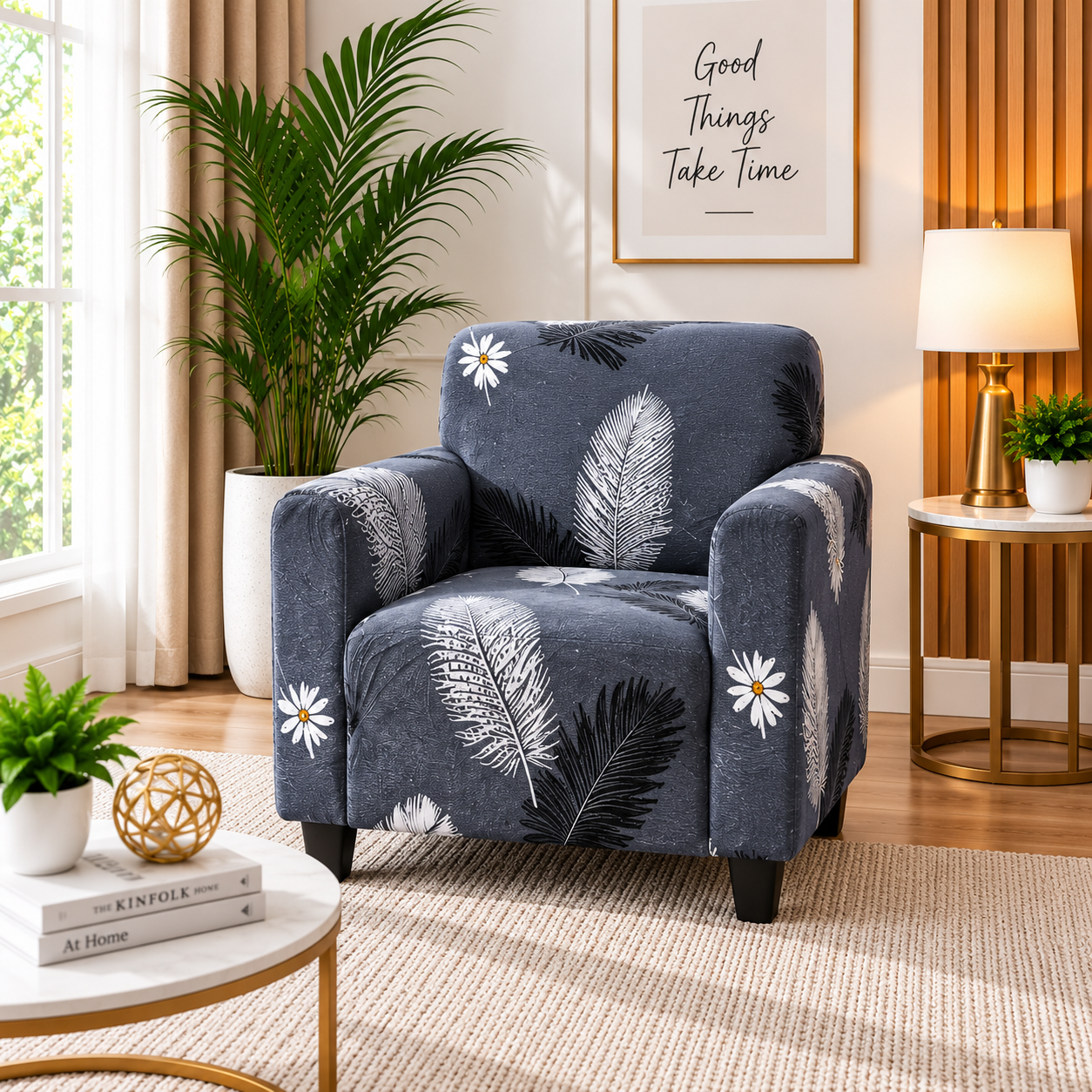 Printed Stretchable Elastic Sofa Cover Set 3 Seater & 1 Seater | Grey Feather Design