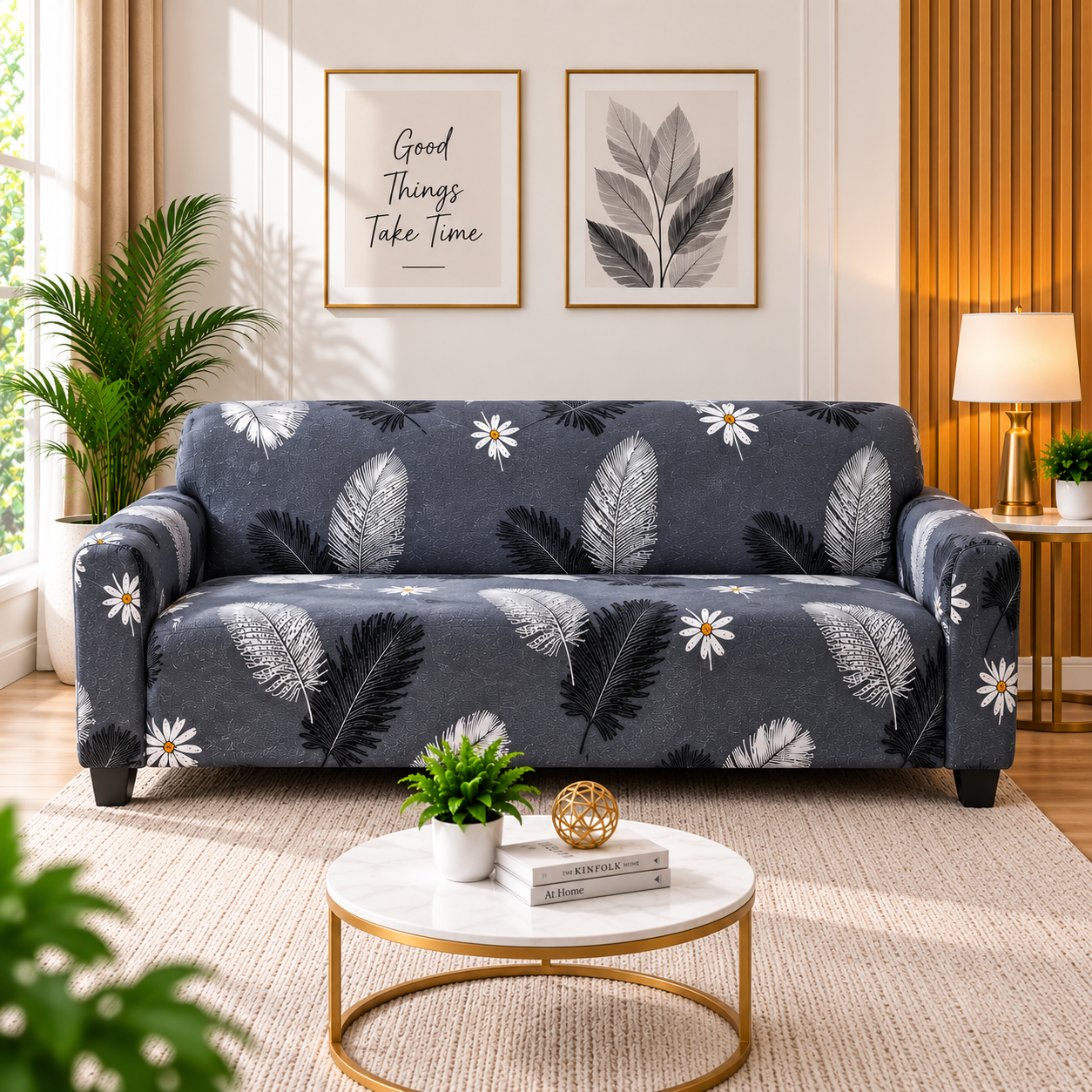 Printed Stretchable Elastic Sofa Cover Set 3 Seater & 1 Seater | Grey Feather Design
