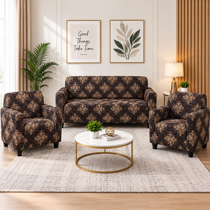 Printed Stretchable Elastic Sofa Cover Set 3 Seater & 1 Seater | Brown Damask Design