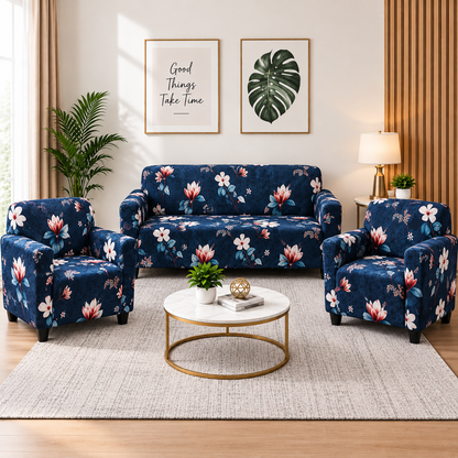 Printed Stretchable Elastic Sofa Cover Set 3 Seater & 1 Seater | Navy Blue Floral Design