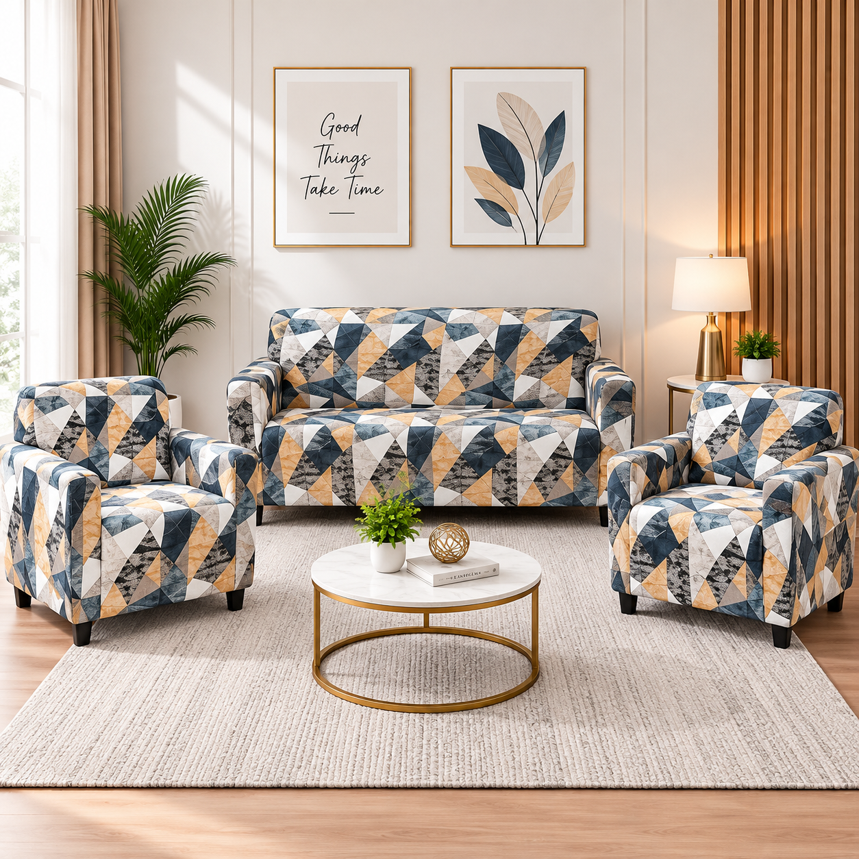 Printed Stretchable Elastic Sofa Cover Set 3 Seater & 1 Seater | Blue Geometric Design