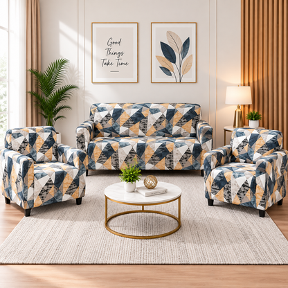 Printed Stretchable Elastic Sofa Cover Set 3 Seater & 1 Seater | Blue Geometric Design