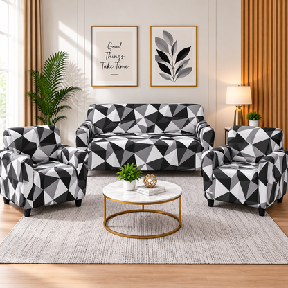 Printed Stretchable Elastic Sofa Cover Set 3 Seater & 1 Seater | Black White Geometric Design