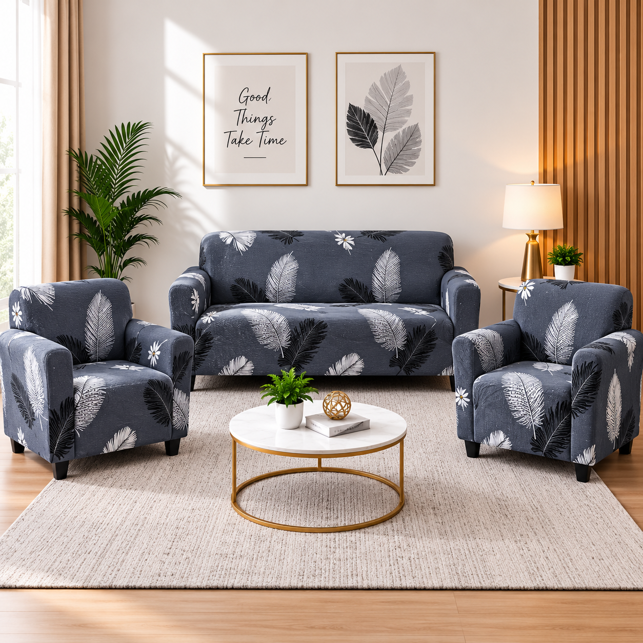 Printed Stretchable Elastic Sofa Cover Set 3 Seater & 1 Seater | Grey Feather Design