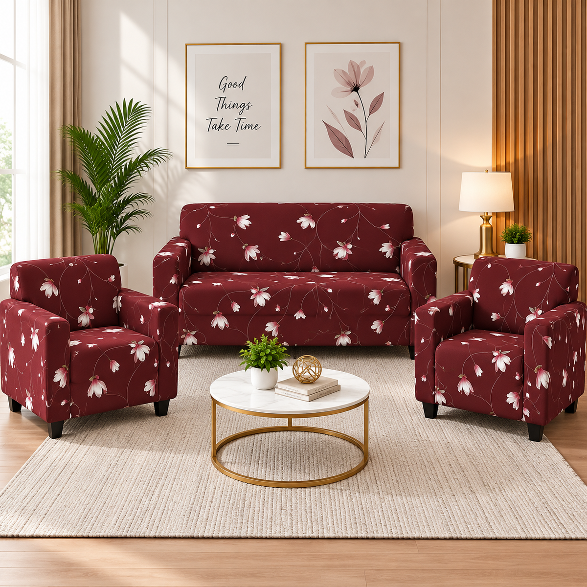Printed Stretchable Elastic Sofa Cover Set 3 Seater & 1 Seater | Burgundy Floral Design