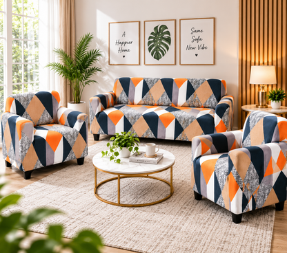 Printed Stretchable  Elastic Sofa Cover Set 3 Seater & 1 Seater | Geometric Design