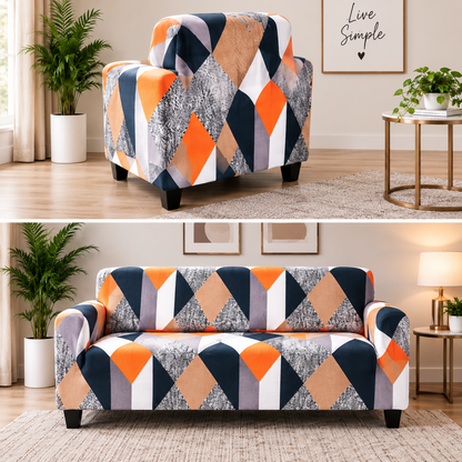 Printed Stretchable  Elastic Sofa Cover Set 3 Seater & 1 Seater | Geometric Design