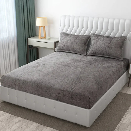 Winter Solid Elastic Fitted King Bedsheet with 2 Pillow Covers