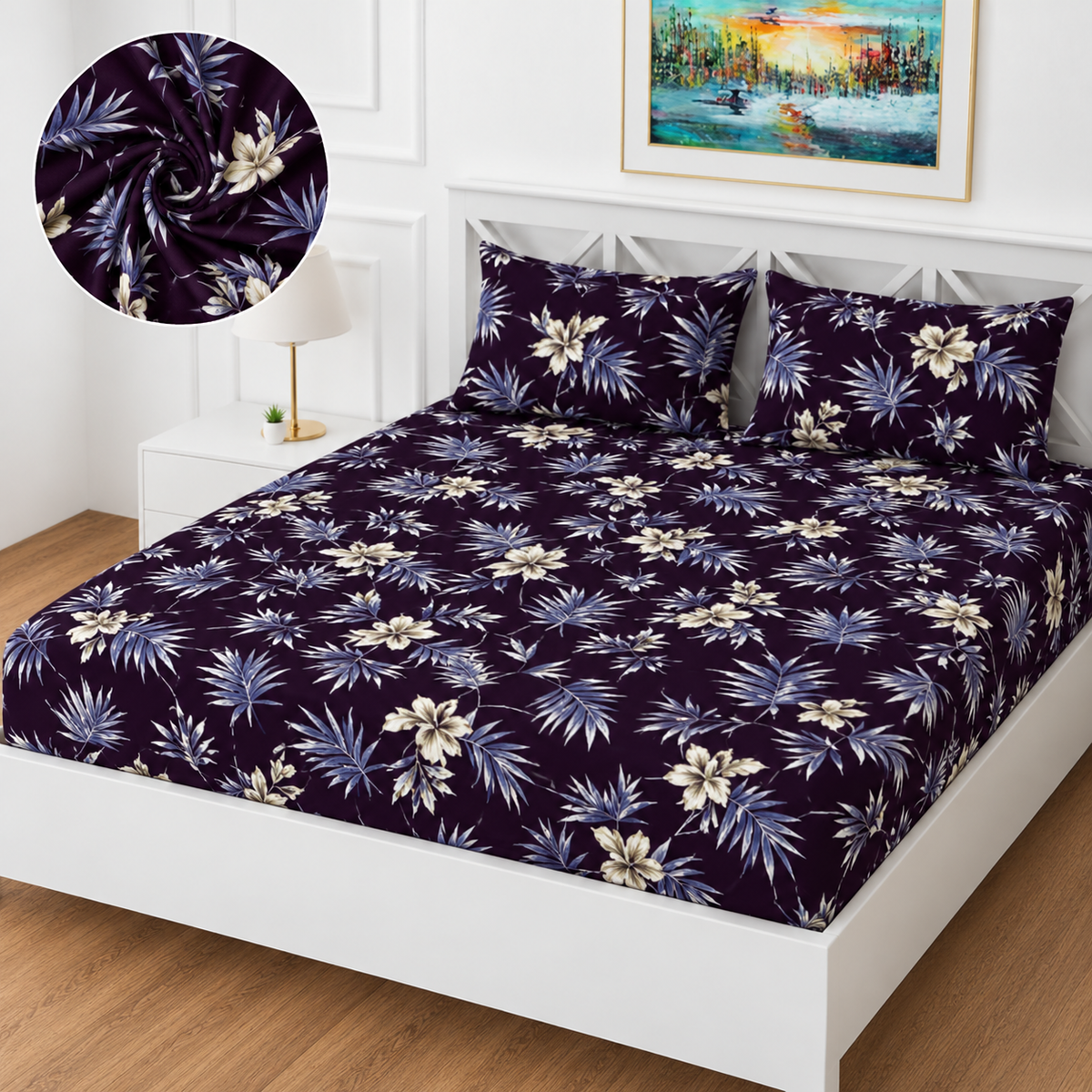 Premium Winter Fitted Bedsheet | Luxury Floral Printed Elastic Bedsheet with 2 Pillow Covers