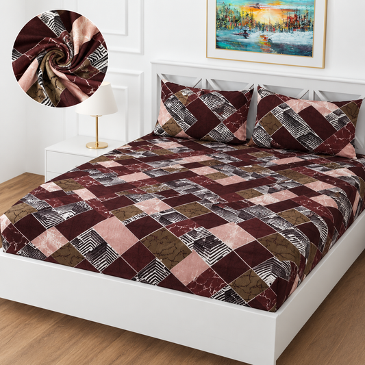 Premium Winter Fitted Bedsheet | Geometric Printed Elastic Fitted Bedsheet with 2 Pillow Covers