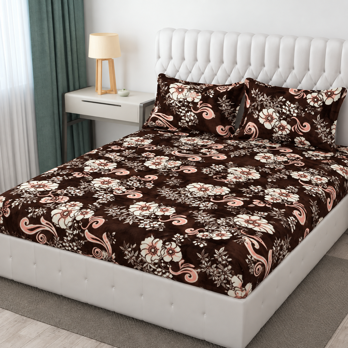 Premium Winter Fitted Bedsheet | Floral Printed Elastic Fitted Bedsheet with 2 Pillow Covers
