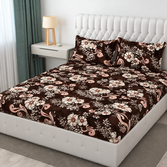 Premium Winter Fitted Bedsheet | Floral Printed Elastic Fitted Bedsheet with 2 Pillow Covers