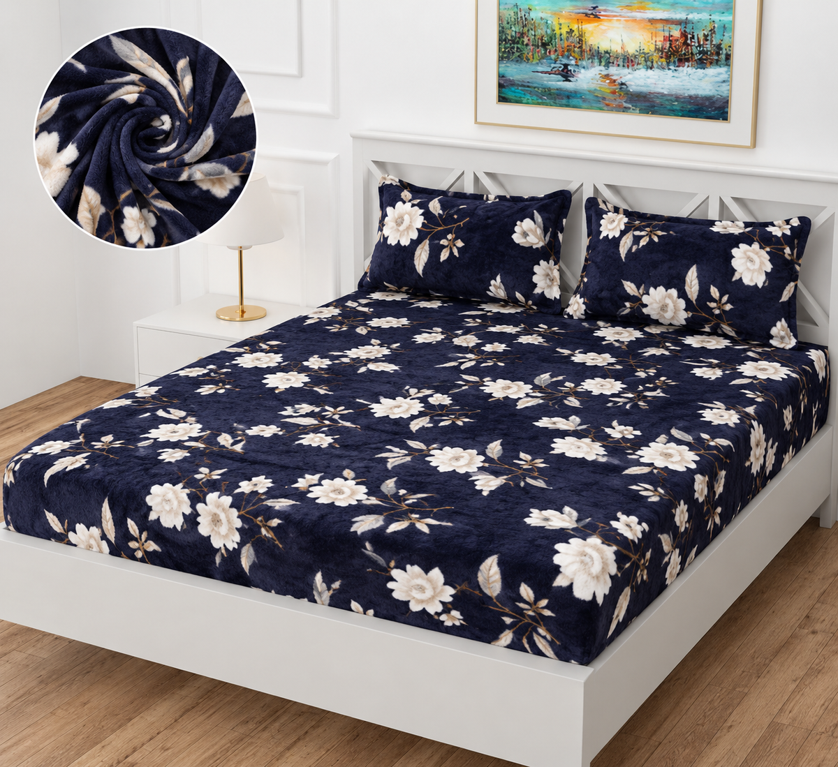 Premium Winter Fitted Bedsheet | Soft Floral Printed Elastic Bedsheet with 2 Pillow Covers
