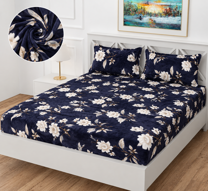 Premium Winter Fitted Bedsheet | Soft Floral Printed Elastic Bedsheet with 2 Pillow Covers