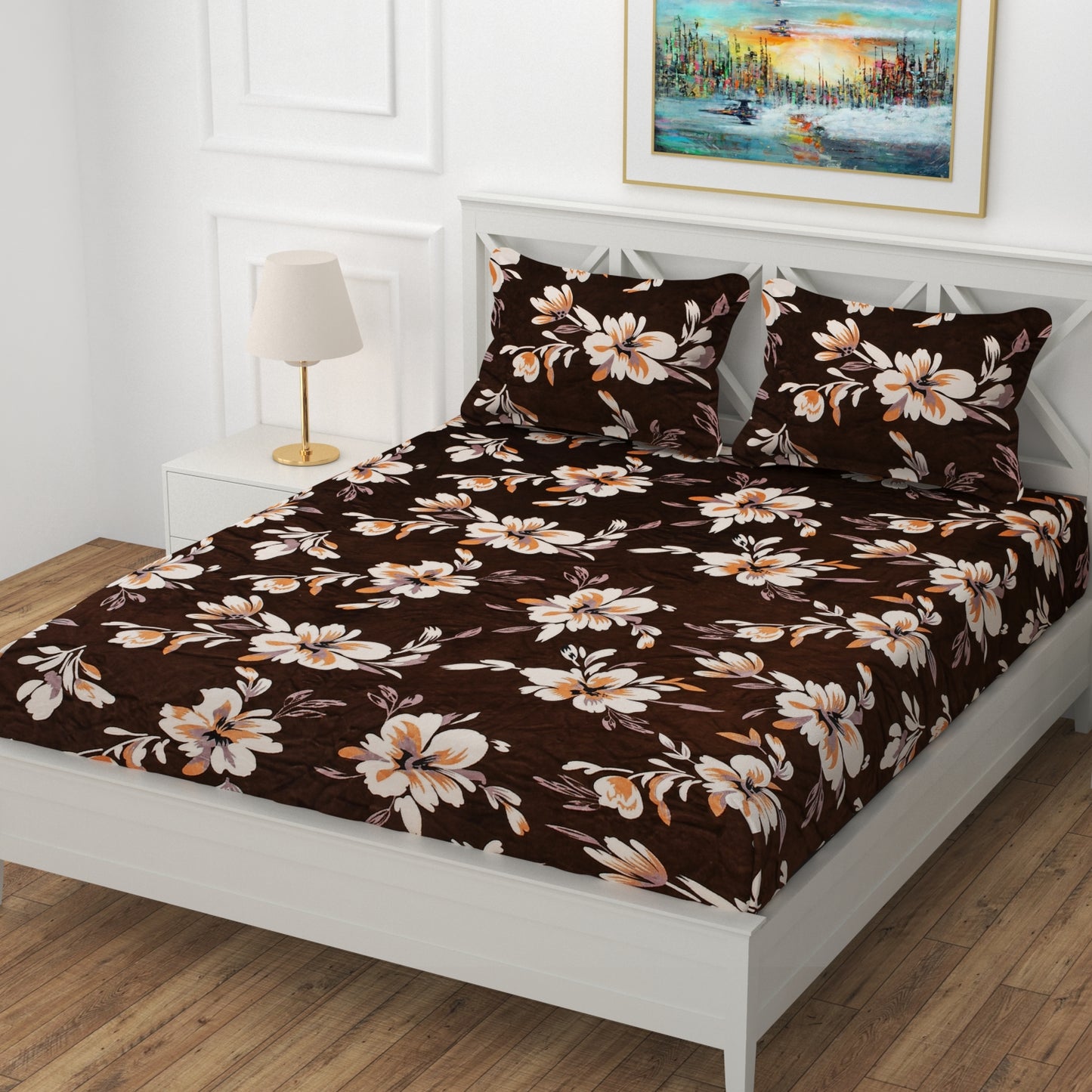 Winter Designer Elastic Fitted King Bedsheet with 2 Pillow Covers